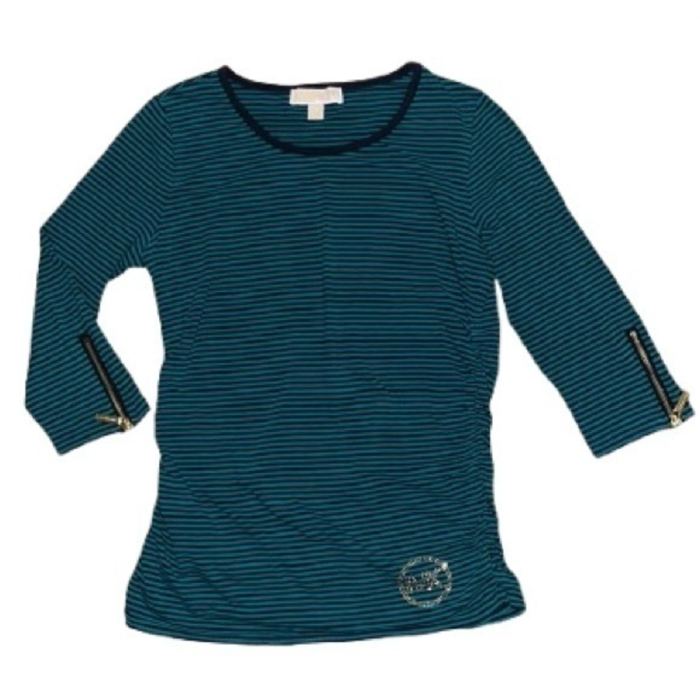 Michael Kors striped top with 3/4 length sleeve MK gold accents size M